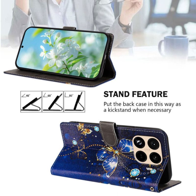 Læder Cover Xiaomi 15t Pro Guld Og Blå Sommerfugle