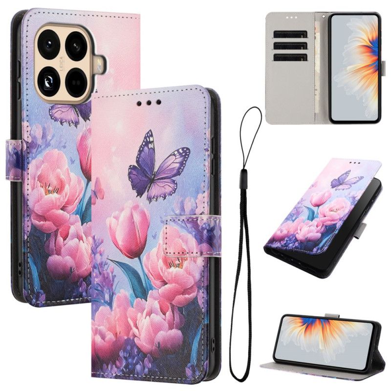 Læder Cover Xiaomi 15t Pro Telefon Etui Tulipaner Og Sommerfugle