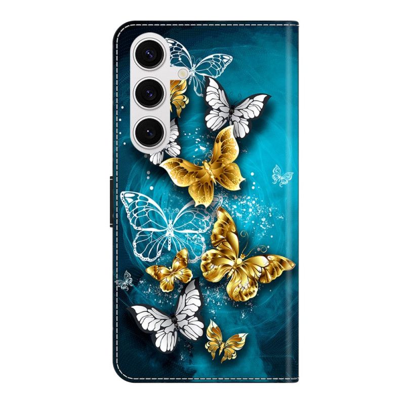 Flip Cover Samsung Galaxy S26 Plus Guld Sommerfugl På Grønt