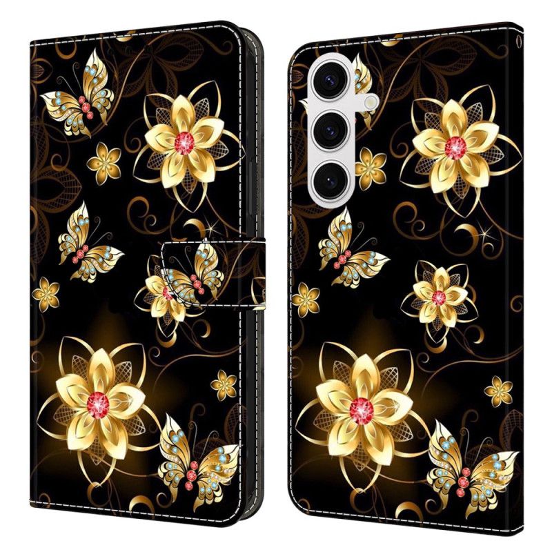 Flip Cover Til Samsung Galaxy S26 Plus Guldblomster Og Sommerfugle
