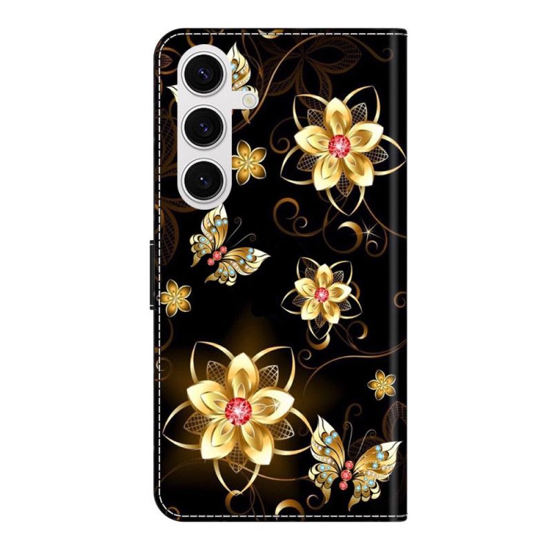 Flip Cover Til Samsung Galaxy S26 Plus Guldblomster Og Sommerfugle