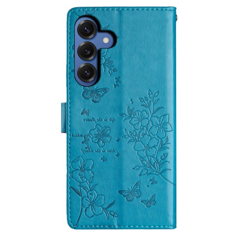 Læder Cover Samsung Galaxy S26 Plus Blomstersommerfugledesign Og Snor