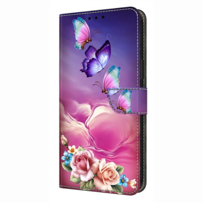Læder Cover Samsung Galaxy S26 Plus Telefon Etui Blomstersommerfuglemønster