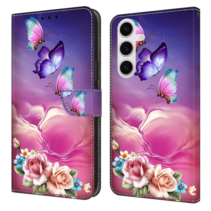 Læder Cover Samsung Galaxy S26 Plus Telefon Etui Blomstersommerfuglemønster