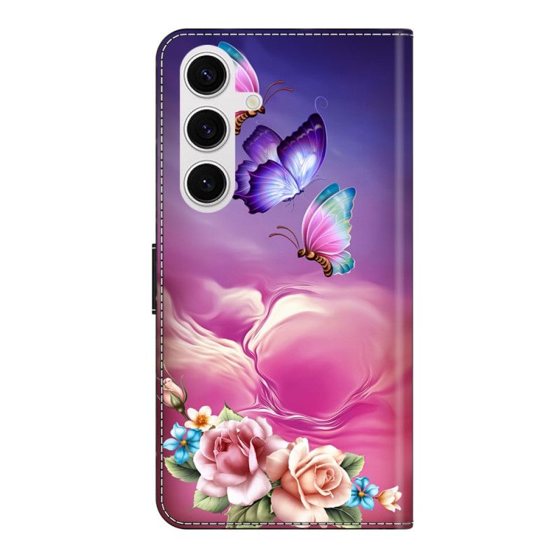 Læder Cover Samsung Galaxy S26 Plus Telefon Etui Blomstersommerfuglemønster