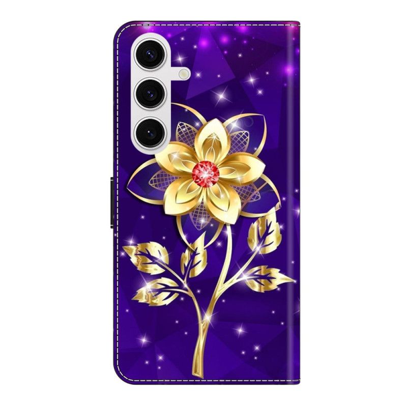 Læder Cover Samsung Galaxy S26 Plus Telefon Etui Gyldne Blomster På En Lilla Baggrund