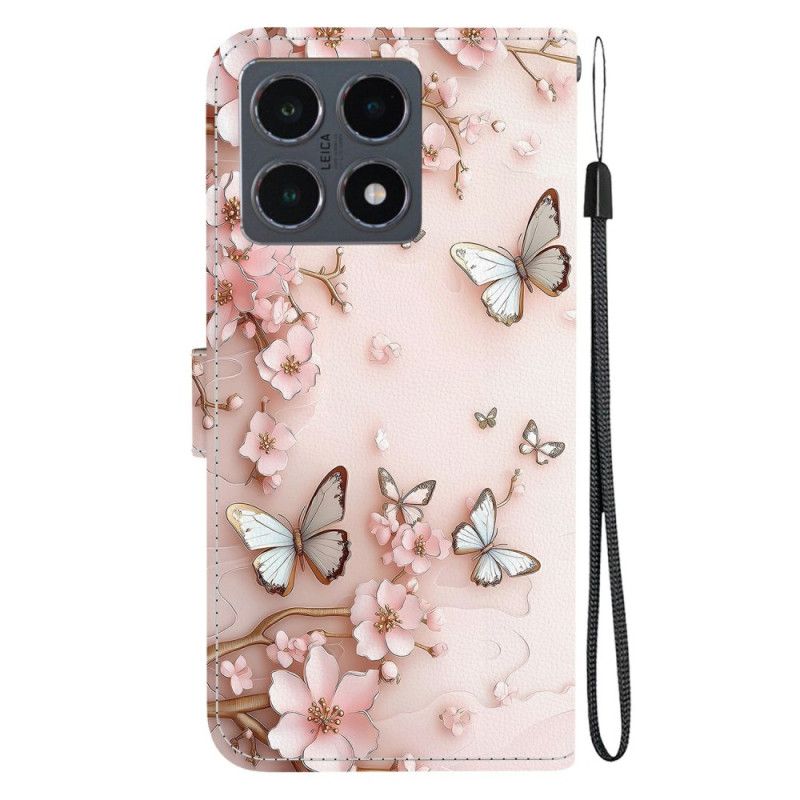 Flip Cover Til Xiaomi 15t Rosaguldsommerfugle Og Blomster