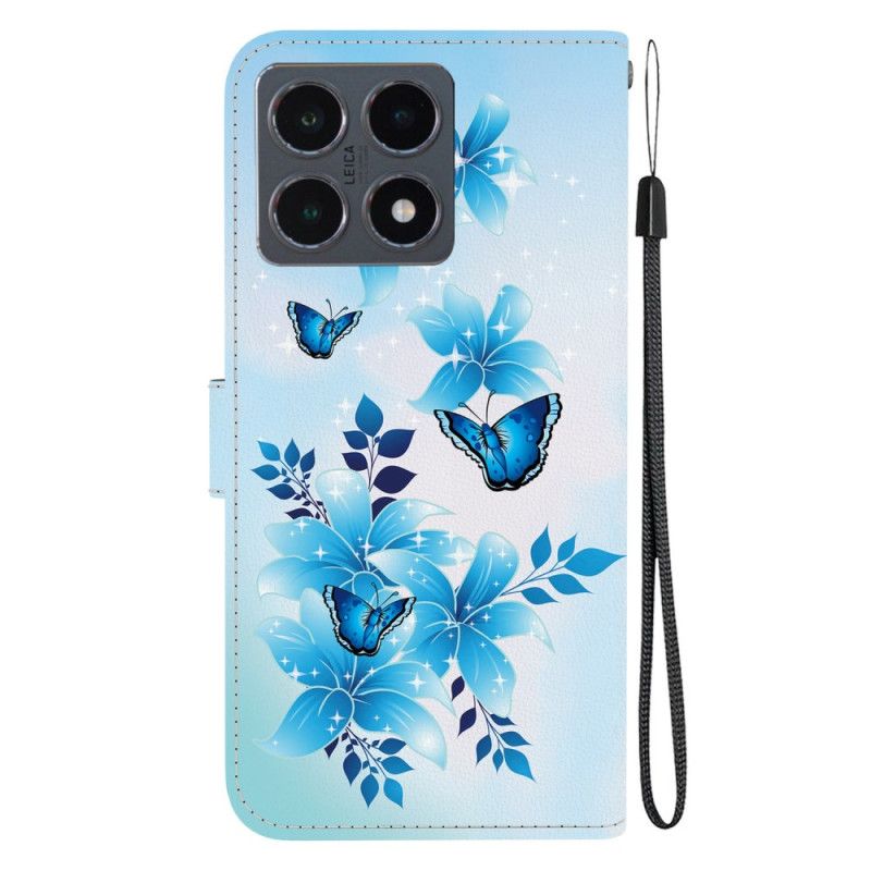 Læder Cover Xiaomi 15t Blåt Sommerfugleprint