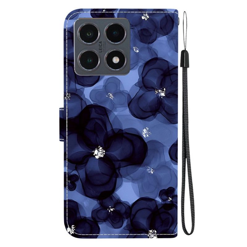 Læder Cover Xiaomi 15t Telefon Etui Blækblå Blomster