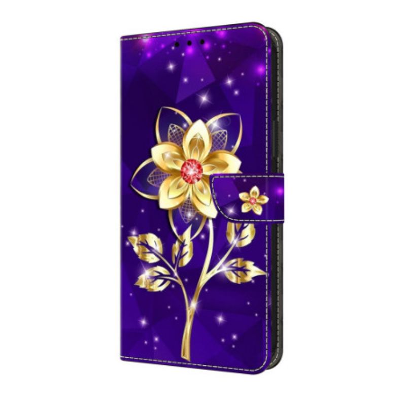 Flip Cover Samsung Galaxy S25 Fe Gyldne Blomster På En Lilla Baggrund