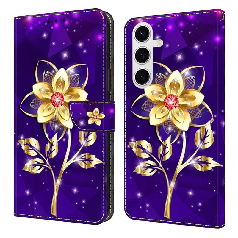 Flip Cover Samsung Galaxy S25 Fe Gyldne Blomster På En Lilla Baggrund