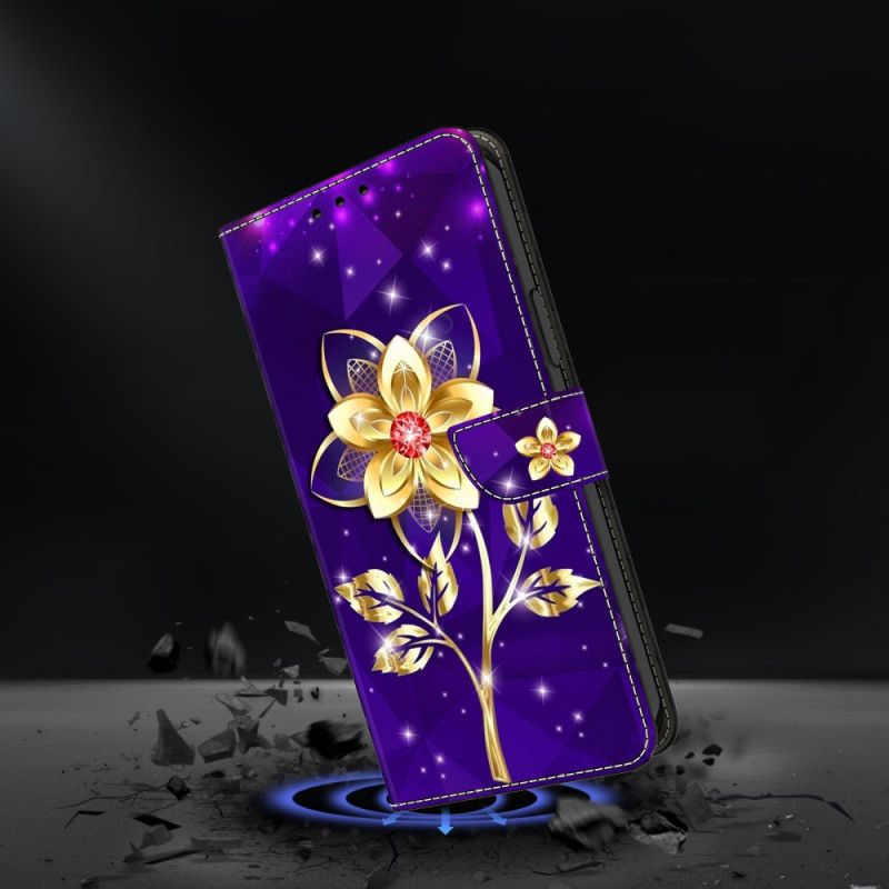 Flip Cover Samsung Galaxy S25 Fe Gyldne Blomster På En Lilla Baggrund