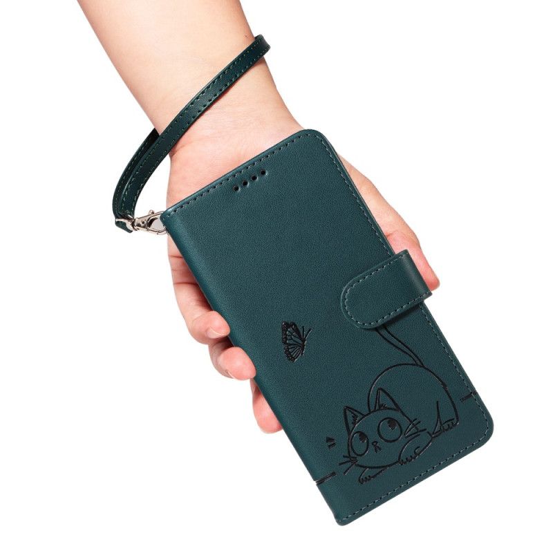 Læder Cover Samsung Galaxy S25 Fe Telefon Etui Katteprint Med Rem