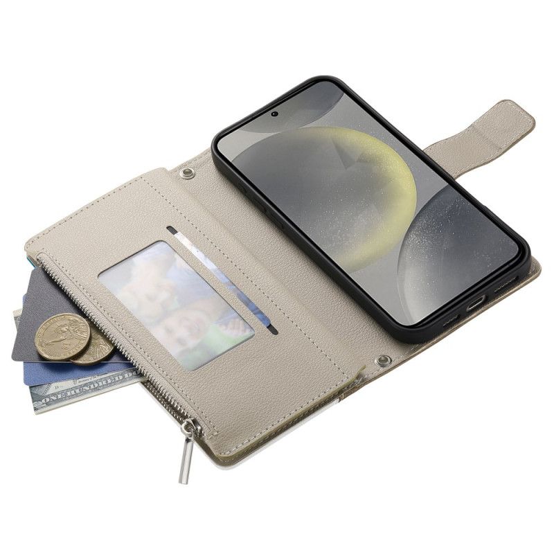 Læder Cover Samsung Galaxy S25 Fe Telefon Etui Læderpung Med Lynlås Og Stropper