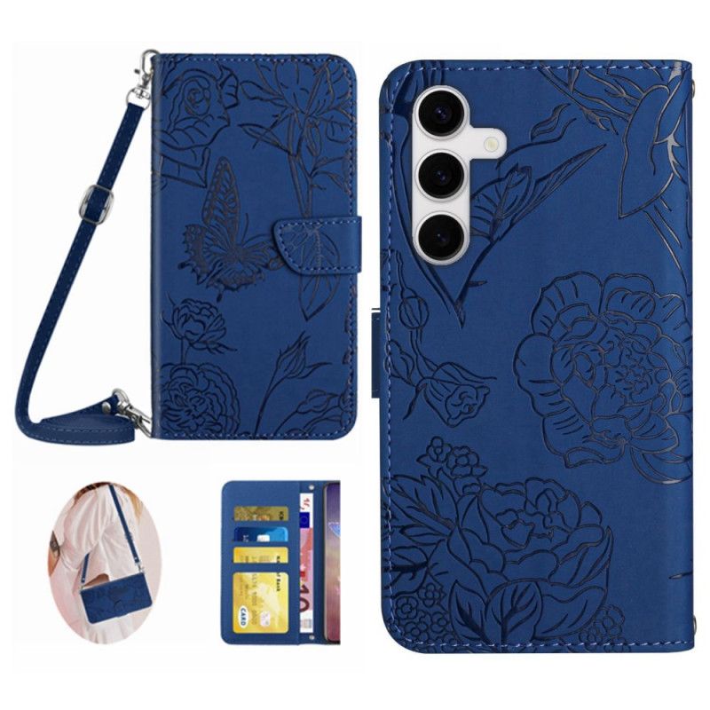 Læder Cover Samsung Galaxy S25 Fe Telefon Etui Skulderrem Med Sommerfugleprint