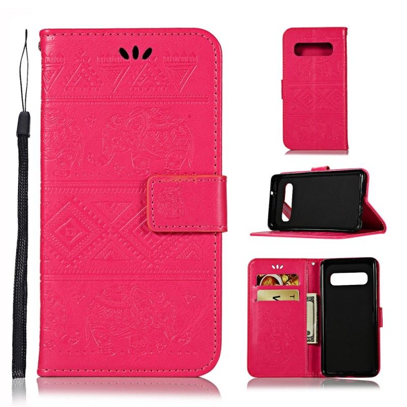 Flip Cover Læder Samsung Galaxy S10 Magenta Elefanter I Kunstlæder Original
