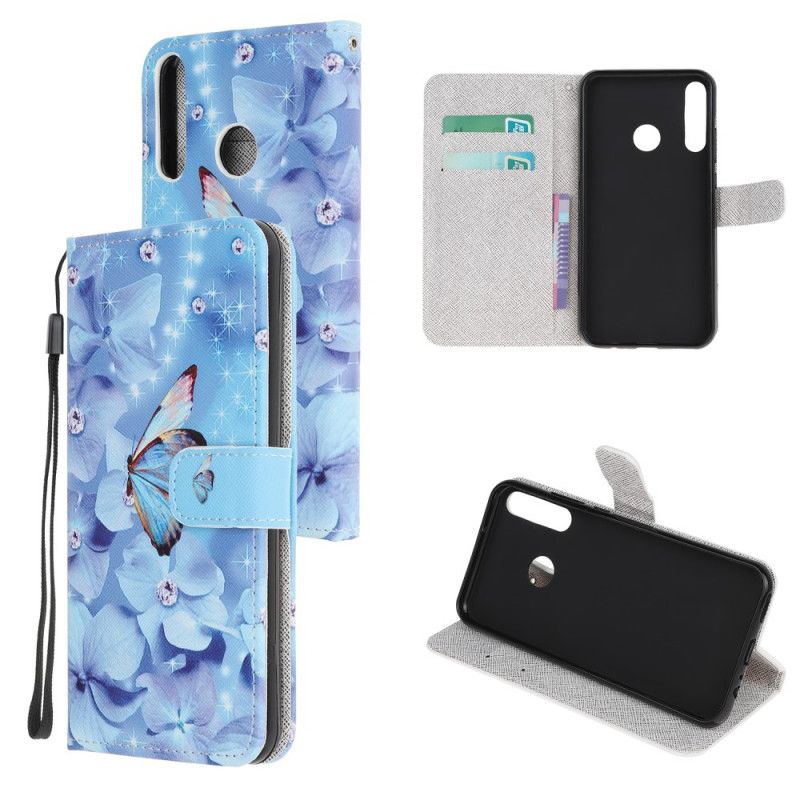 Flip Cover Læder Huawei Y6p Diamant Sommerfugle Med Rem