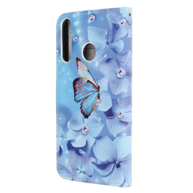 Flip Cover Læder Huawei Y6p Diamant Sommerfugle Med Rem