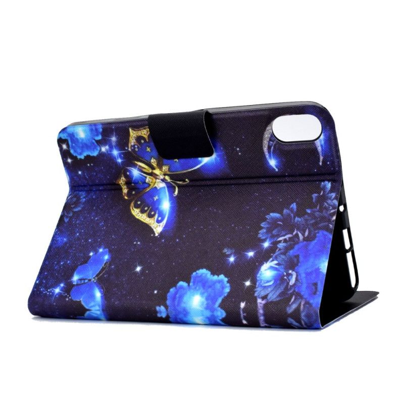 Læder Cover Samsung Galaxy Tab S11 Telefon Etui Blå Og Gylden Sommerfugl