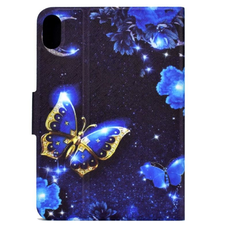 Læder Cover Samsung Galaxy Tab S11 Telefon Etui Blå Og Gylden Sommerfugl