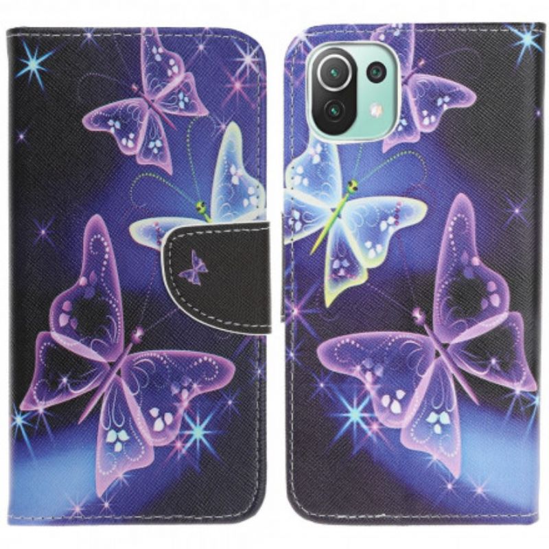 Læder Cover Xiaomi Mi 11 Lite 5g Ne / Mi 11 Lite 4g / 5g Telefon Etui Neon Sommerfugle