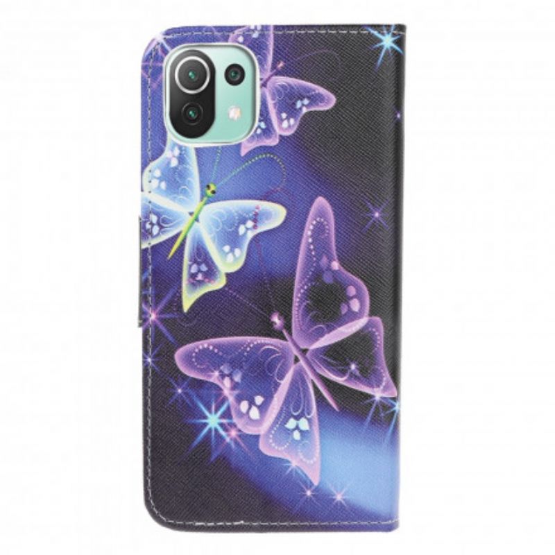 Læder Cover Xiaomi Mi 11 Lite 5g Ne / Mi 11 Lite 4g / 5g Telefon Etui Neon Sommerfugle