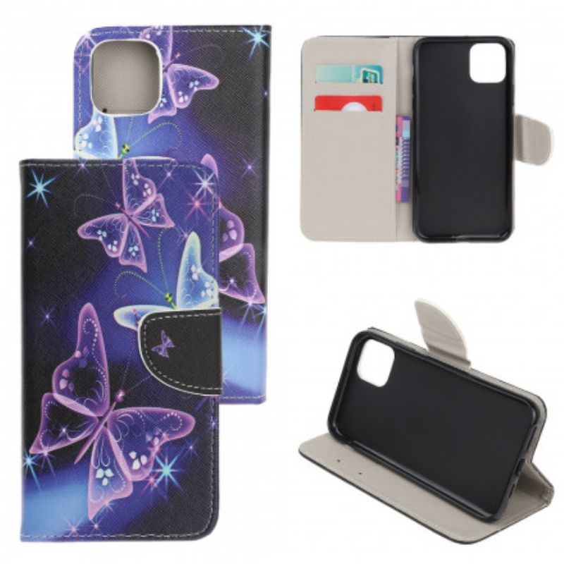Læder Cover Xiaomi Mi 11 Lite 5g Ne / Mi 11 Lite 4g / 5g Telefon Etui Neon Sommerfugle