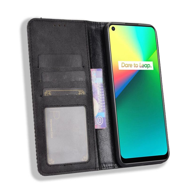 Læder Cover Realme 7i Sort Stiliseret Vintage Lædereffekt