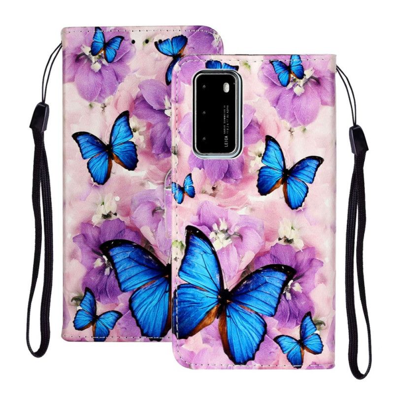 Flip Cover Læder for Huawei P40 Blå Sommerfugle I Blomsterne