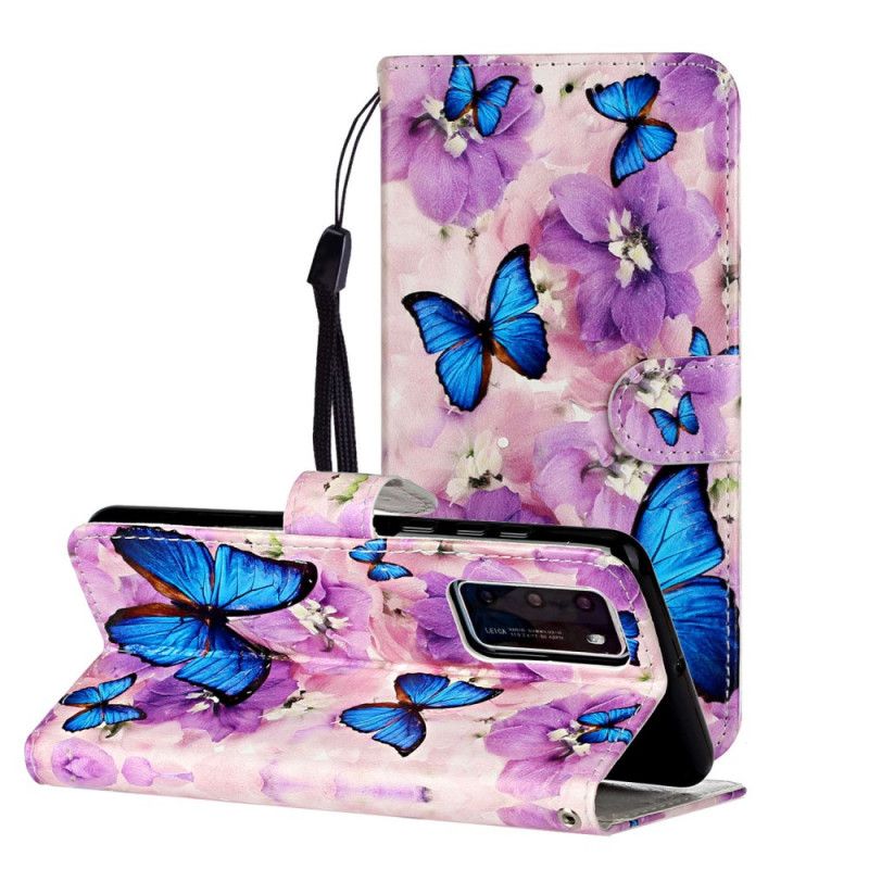 Flip Cover Læder for Huawei P40 Blå Sommerfugle I Blomsterne