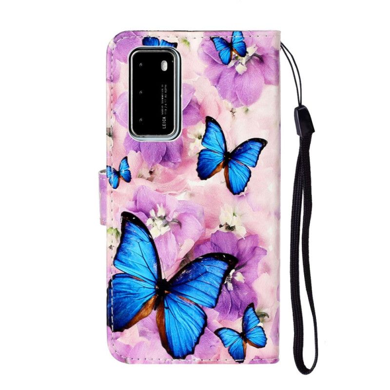 Flip Cover Læder for Huawei P40 Blå Sommerfugle I Blomsterne