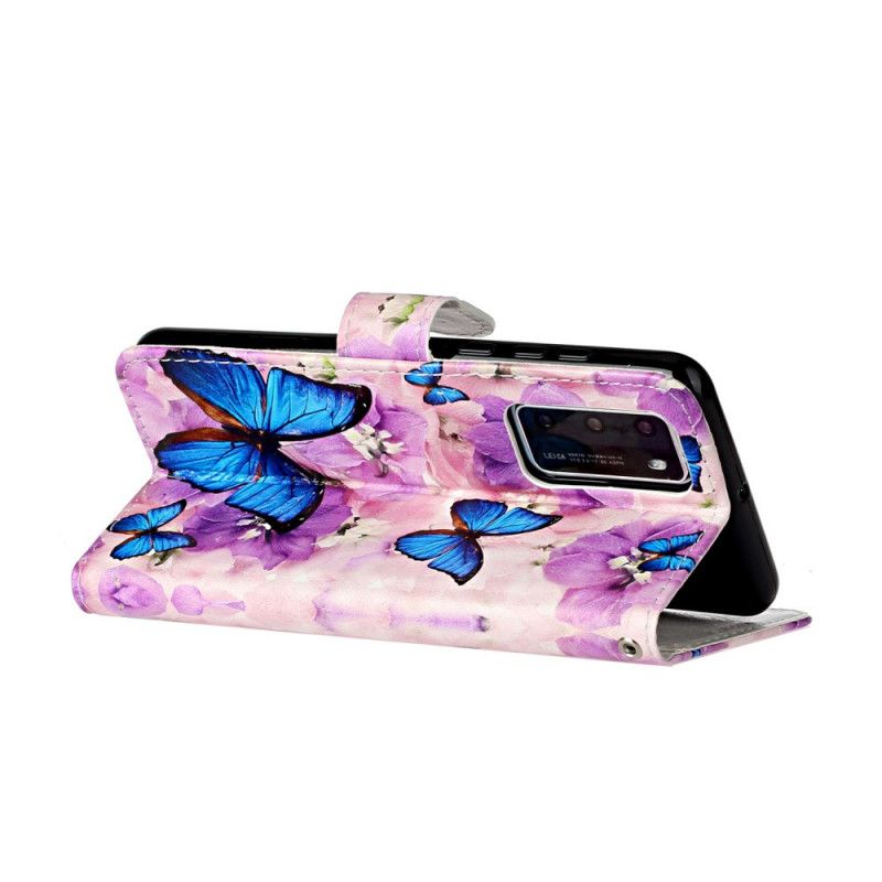 Flip Cover Læder for Huawei P40 Blå Sommerfugle I Blomsterne
