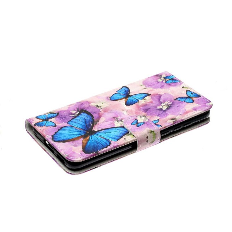 Flip Cover Læder for Huawei P40 Blå Sommerfugle I Blomsterne