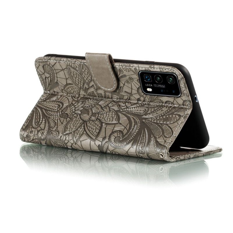 Flip Cover Læder Huawei P40 Rød Stamme Blomster Med Rem Original