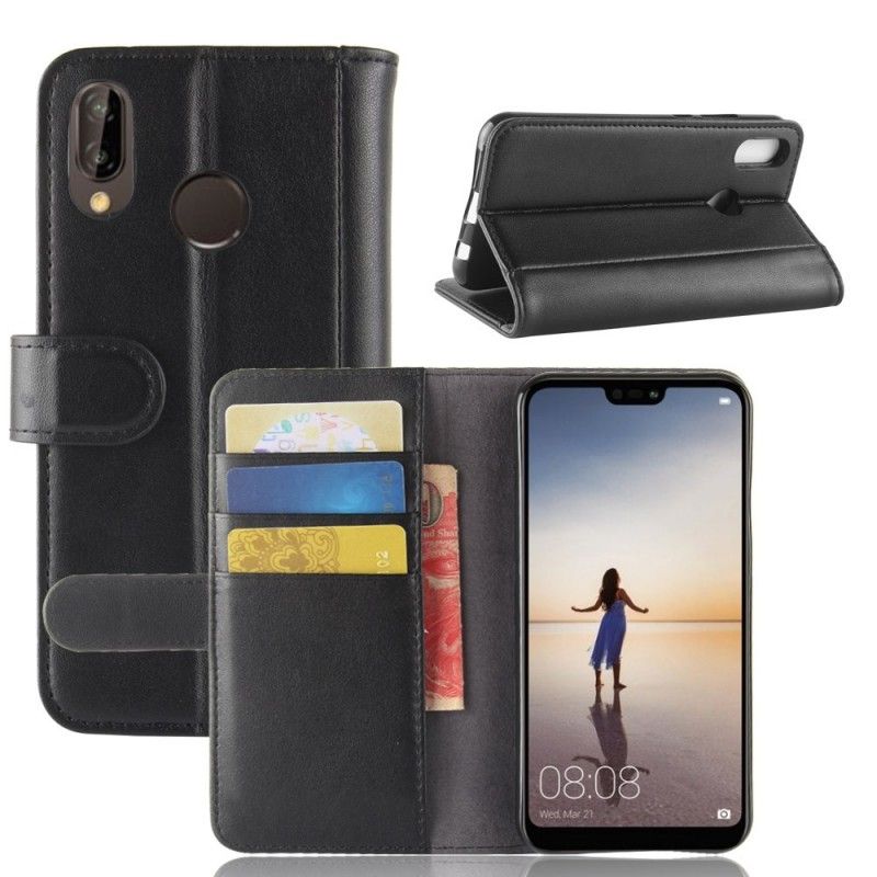 Flip Cover Læder Huawei P20 Lite Sort Ægte Læder
