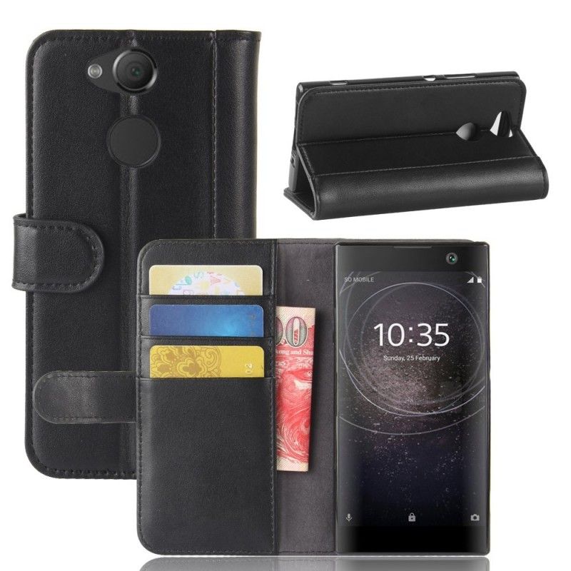 Flip Cover Læder for Sony Xperia XA2 Sort Ægte Læder