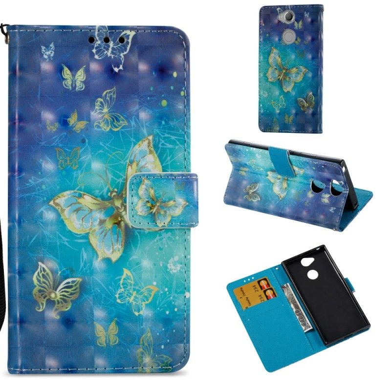 Flip Cover Sony Xperia XA2 Mobilcover 3D Gyldne Sommerfugle