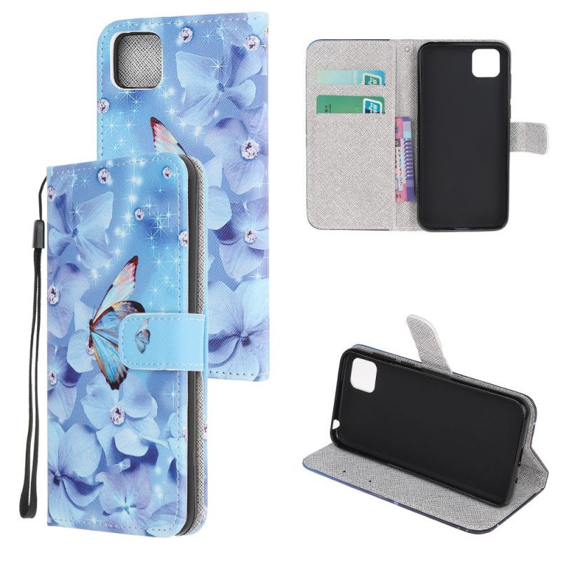 Flip Cover Læder for Huawei Y5p Diamant Sommerfugle Med Rem