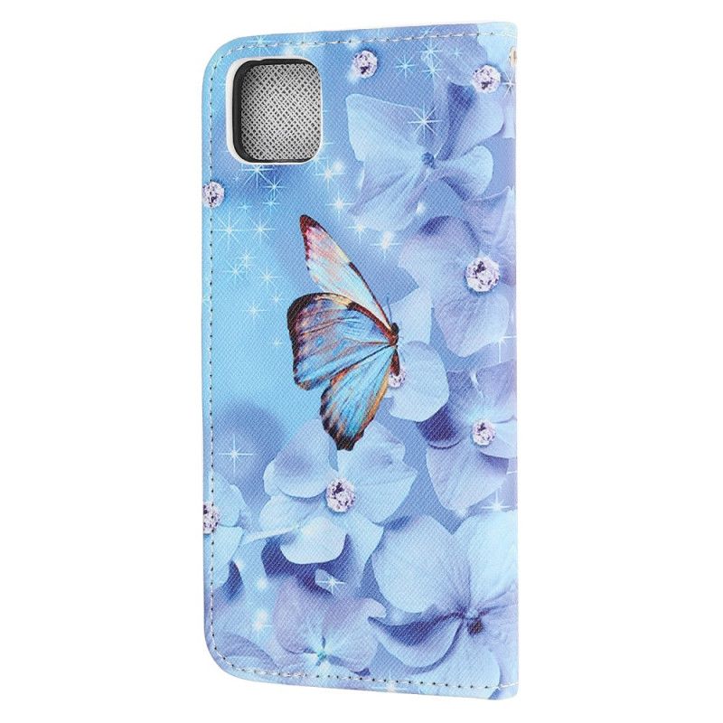 Flip Cover Læder for Huawei Y5p Diamant Sommerfugle Med Rem