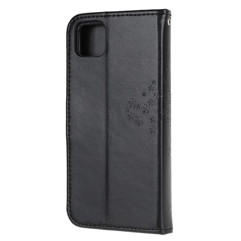 Flip Cover Læder Huawei Y5p Rød Træ Og Ugler Med Rem