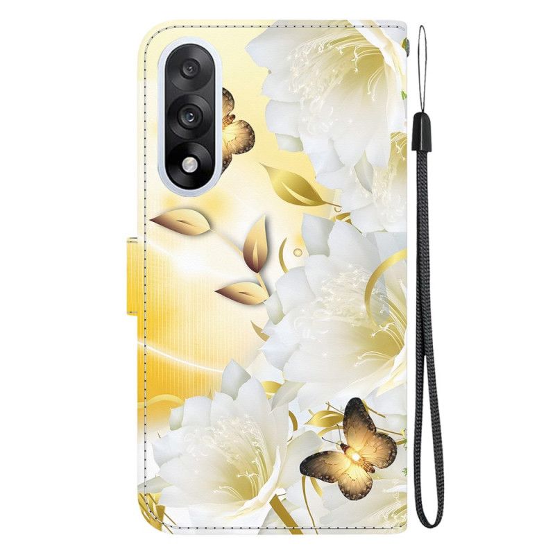 Flip Cover Til Oneplus Nord 5 Gyldne Sommerfugle Og Hvide Blomster