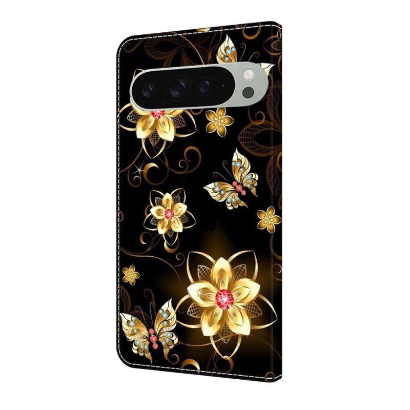 Flip Cover Google Pixel 10 Pro Xl Guldblomster Og Sommerfugle