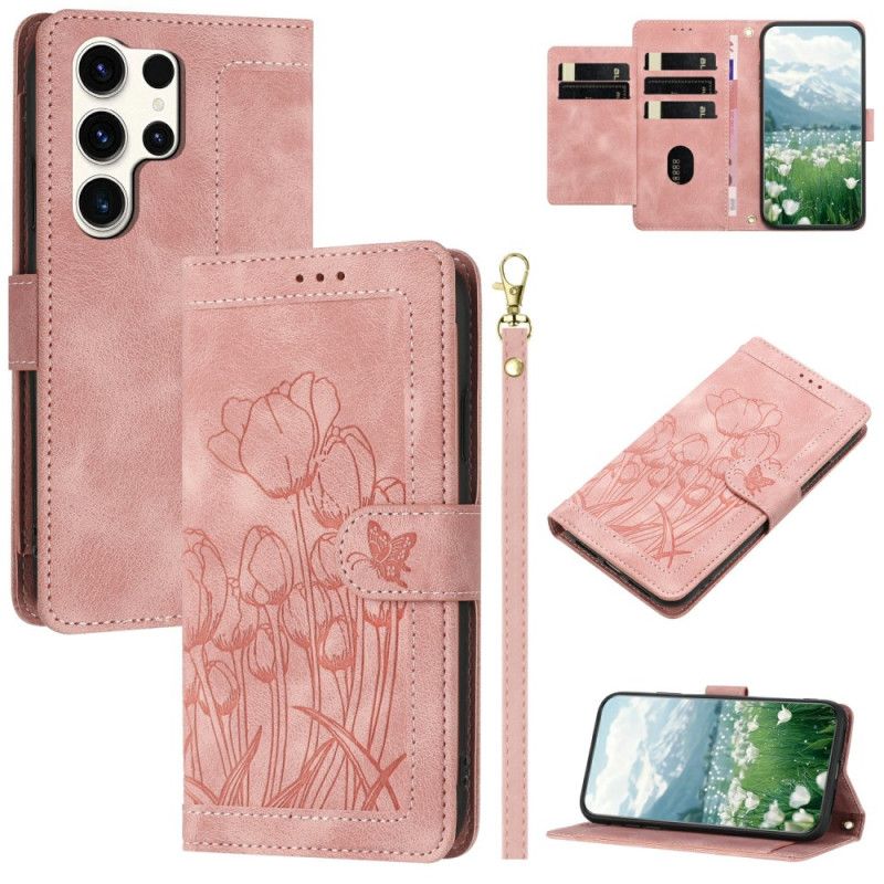 Læder Cover Samsung Galaxy S25 Ultra 5g Telefon Etui Blomsterlædereffekt