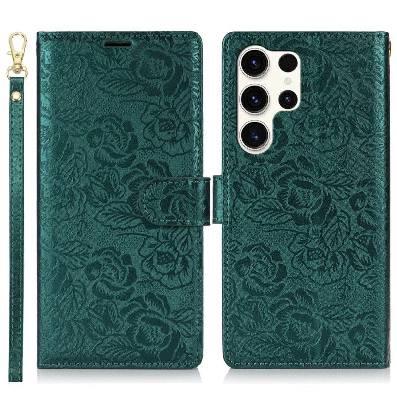 Læder Cover Samsung Galaxy S25 Ultra 5g Telefon Etui Blomsterprint Med Rem
