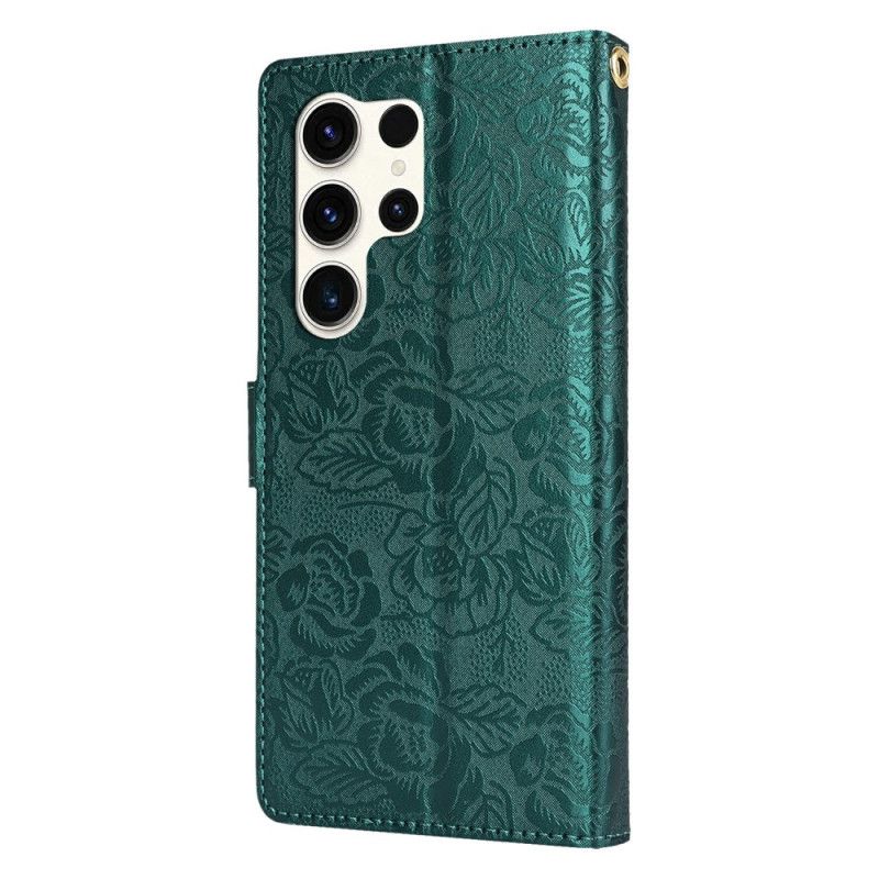 Læder Cover Samsung Galaxy S25 Ultra 5g Telefon Etui Blomsterprint Med Rem