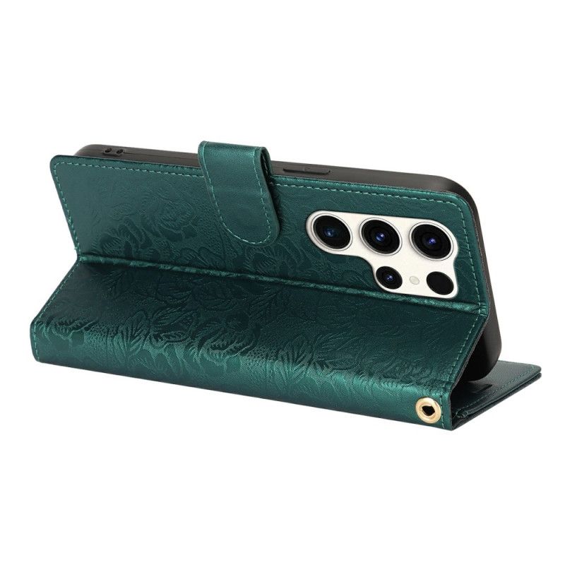 Læder Cover Samsung Galaxy S25 Ultra 5g Telefon Etui Blomsterprint Med Rem