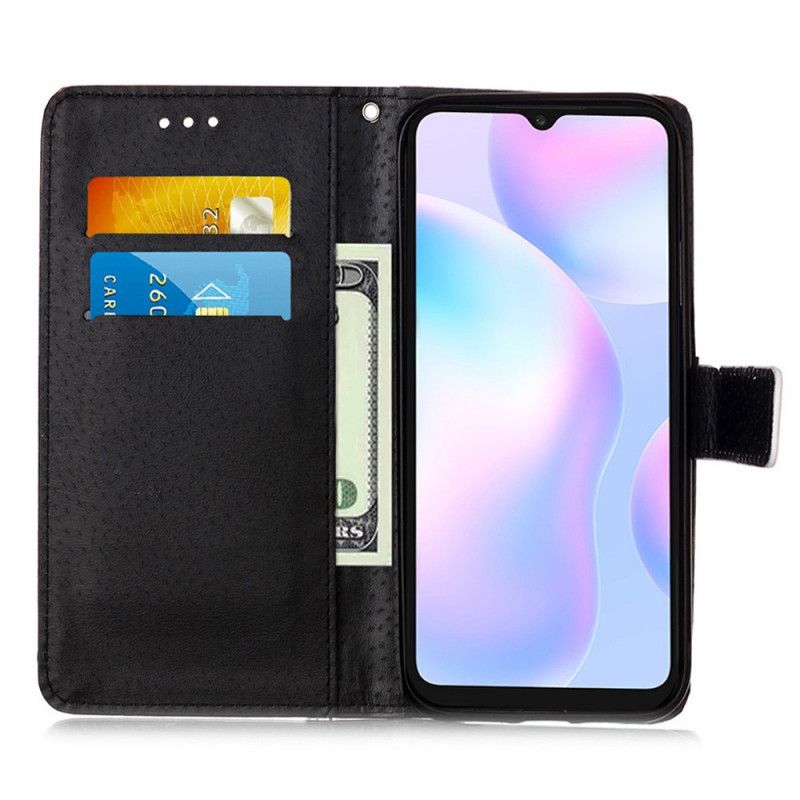 Flip Cover Læder for Xiaomi Redmi 9A Sort Rose Med Rem