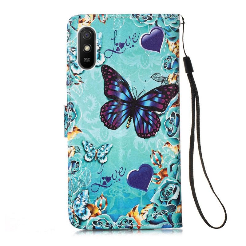 Flip Cover Læder Xiaomi Redmi 9A Elsker Sommerfugle Med Rem Original
