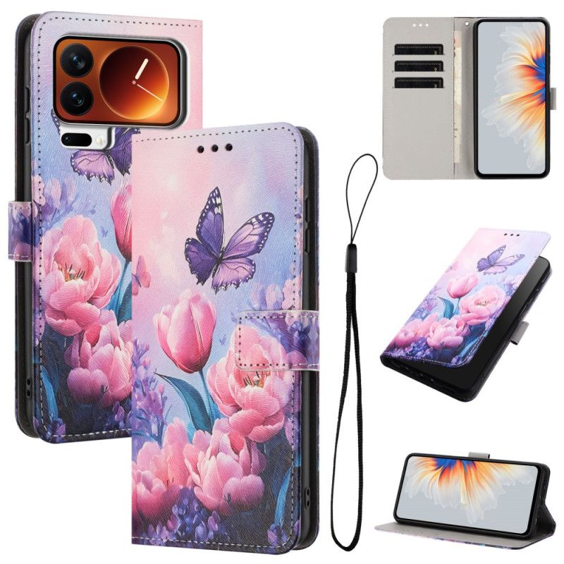 Flip Cover Til Xiaomi 17 Pro Sommerfugle Og Lyserøde Blomster