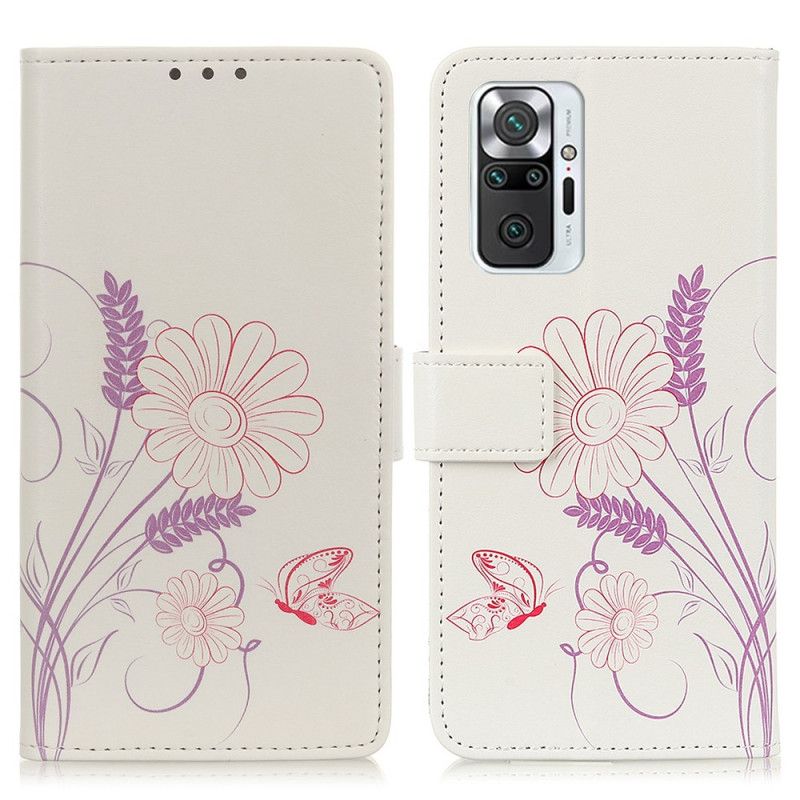 Flip Cover Læder Xiaomi Redmi Note 10 Pro Tegning Af Sommerfugle Og Blomster